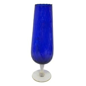 MCM Empoli Cobalt Blue Swirl Rib Optic Art Glass Vase Twisted Stem 10.10 in